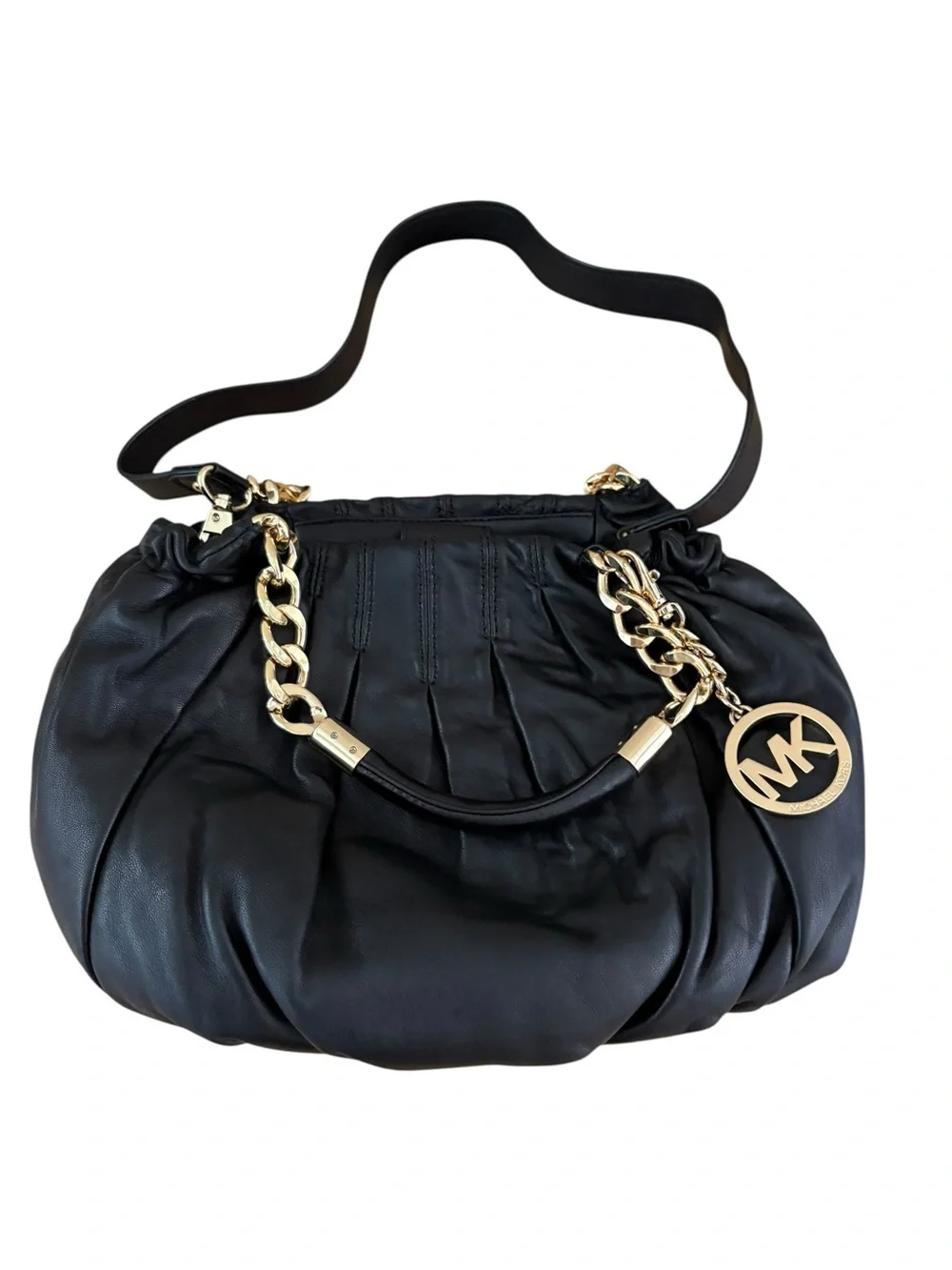 Michael Kors Erin Black Leather Shoulder Bag with Gold Chain and Charm
